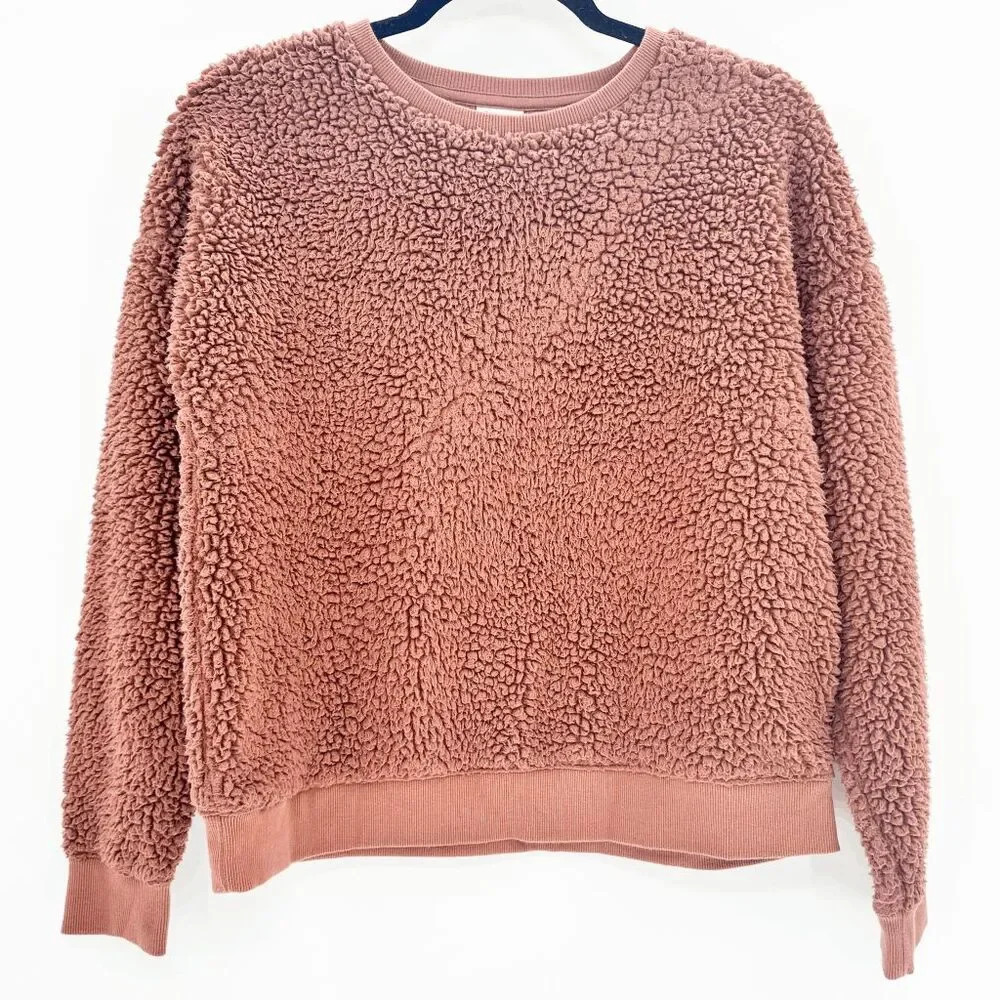 A New Day Fuzzy Teddy Sweater‎ Womens Size M Brown Sherpa Crew Neck Pullover